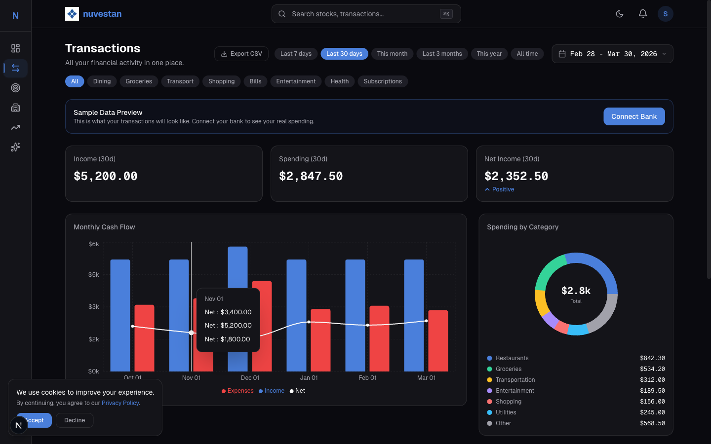 Nuvestan transactions view with filtering and categorization
