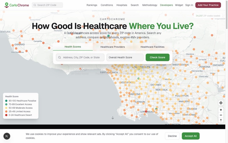CartoChrome - interactive US healthcare access map with ZIP code scores and provider density
