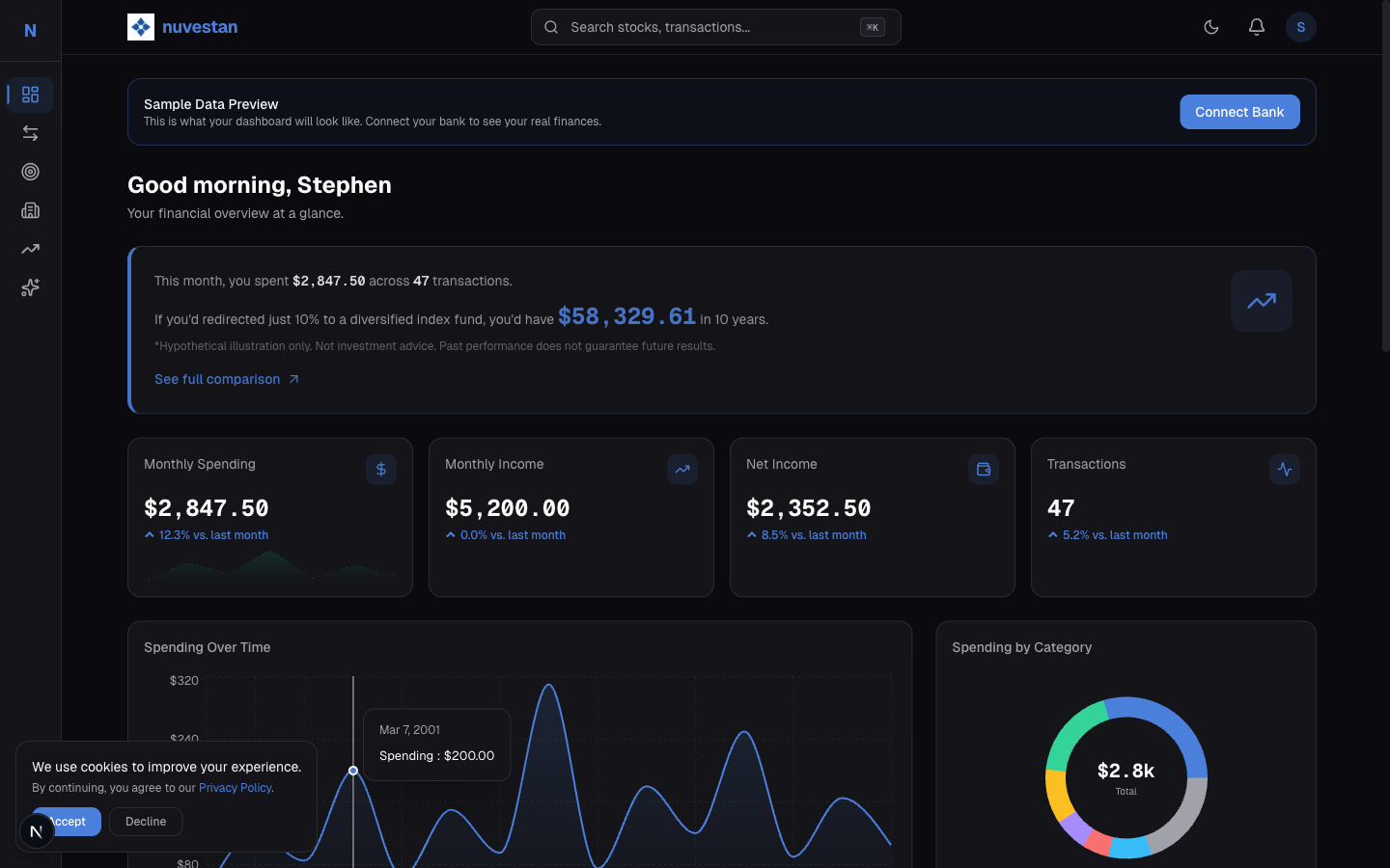Nuvestan - AI-powered personal finance dashboard with spending breakdown, investment projections, and AI coach