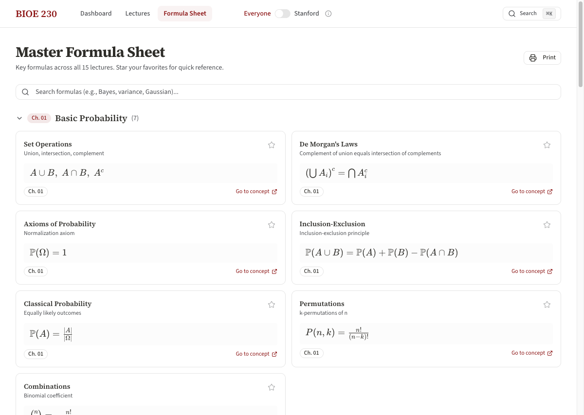 Master formula sheet with LaTeX rendering, search, and star favorites
